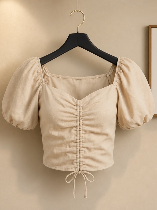 Forever 21 Tops - Forever 21 Ruched Puff-Sleeve Crop Top - Beige